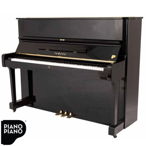 Yamaha U1 piano shot at a 3/4 angle
