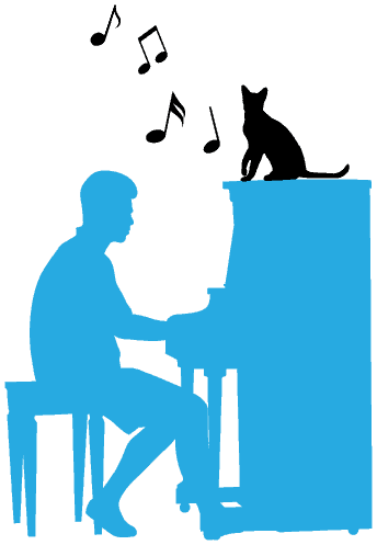 Silhouette of a piano player at an upright piano with a cat sitting on top
