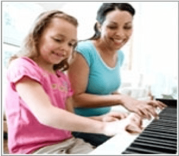 Mother and child playing the piano together
