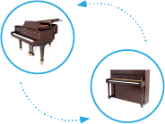Graphic of a grand piano and an upright piano being swapped