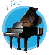 Black Grand Piano silhouetted on a blue background