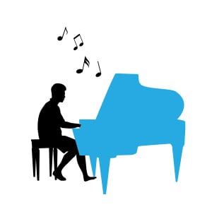 Silhouette illustration of a man seated at a grand piano