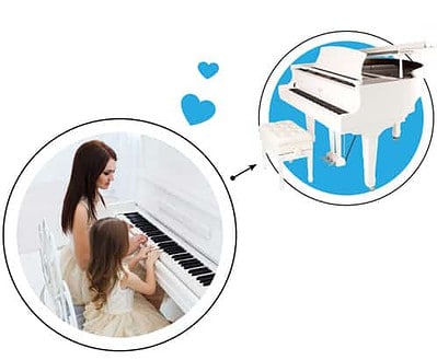 Mother and child at a white upright piano with a graphic representing swapping for a grand piano