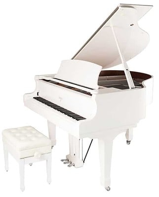 White Baby Grand Piano with matching bench for rental