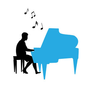 silhouette of a man seated at a grand piano