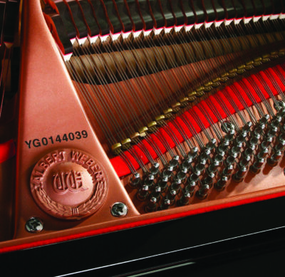 The inside of a piano soundboard