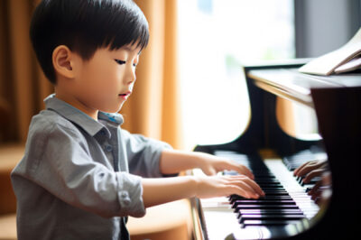 A young boy playing the piano