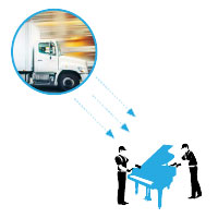 Graphic depicting a moving van and person delivering a piano