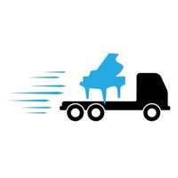 Illustration of a piano on the back of a truck on a delivery