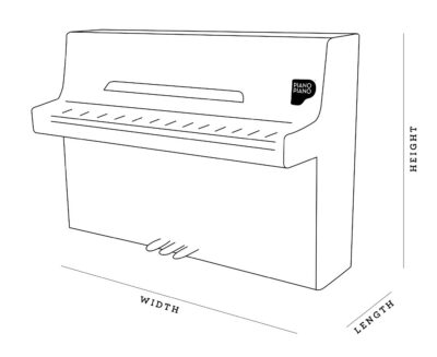 Line drawing showing the length, height, and width dimensions of a console piano