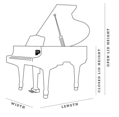 Grand Piano line drawing showing length, width, open and closed height dimensions