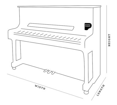 Line drawing of an upright piano indicating length, width, and height dimensions