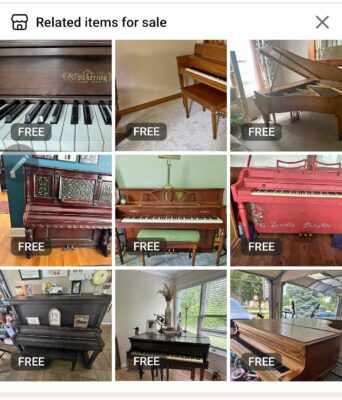 Facebook Marketplace listing showing free piano giveaway illustrating resale difficulty