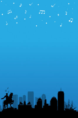 The Boston Skyline silhouetted on a blue background