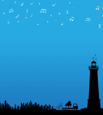 illustration of Long Island, New York with piano notes as stars in the sky above