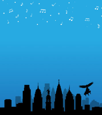 The Philadelphia Skyline on a blue background with an eagle flying over it and notes for stars