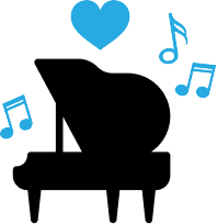 silhouette of a piano surrounded by notes and hearts